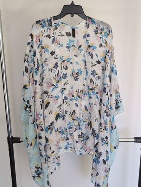 Lane Bryant White Floral Open-Front Kimono with Pastel Accents